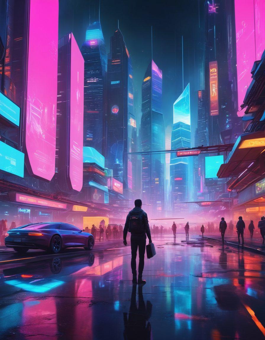 A futuristic landscape depicting a digital world filled with floating insurance policy documents and shields representing coverage. Include a diverse group of people, engaged and exploring, using holographic interfaces and devices. Bright neon colors illuminate the scene, symbolizing the dynamic nature of online insurance. The background showcases a sprawling cityscape merging with digital elements. cyberpunk. vibrant colors.