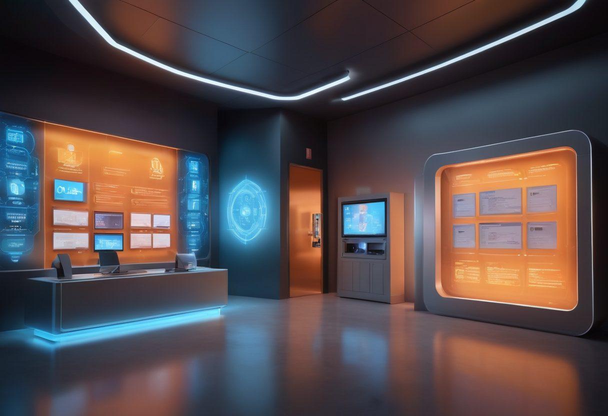 A digital landscape showcasing a secure virtual vault filled with insurance documents, surrounded by glowing shields symbolizing protection. Include elements like a computer screen displaying insurance options, a person navigating through icons of various services, and a soft, illuminated background that suggests safety. Create a tech-inspired ambiance to emphasize virtual aspects. super-realistic. vibrant colors. 3D.