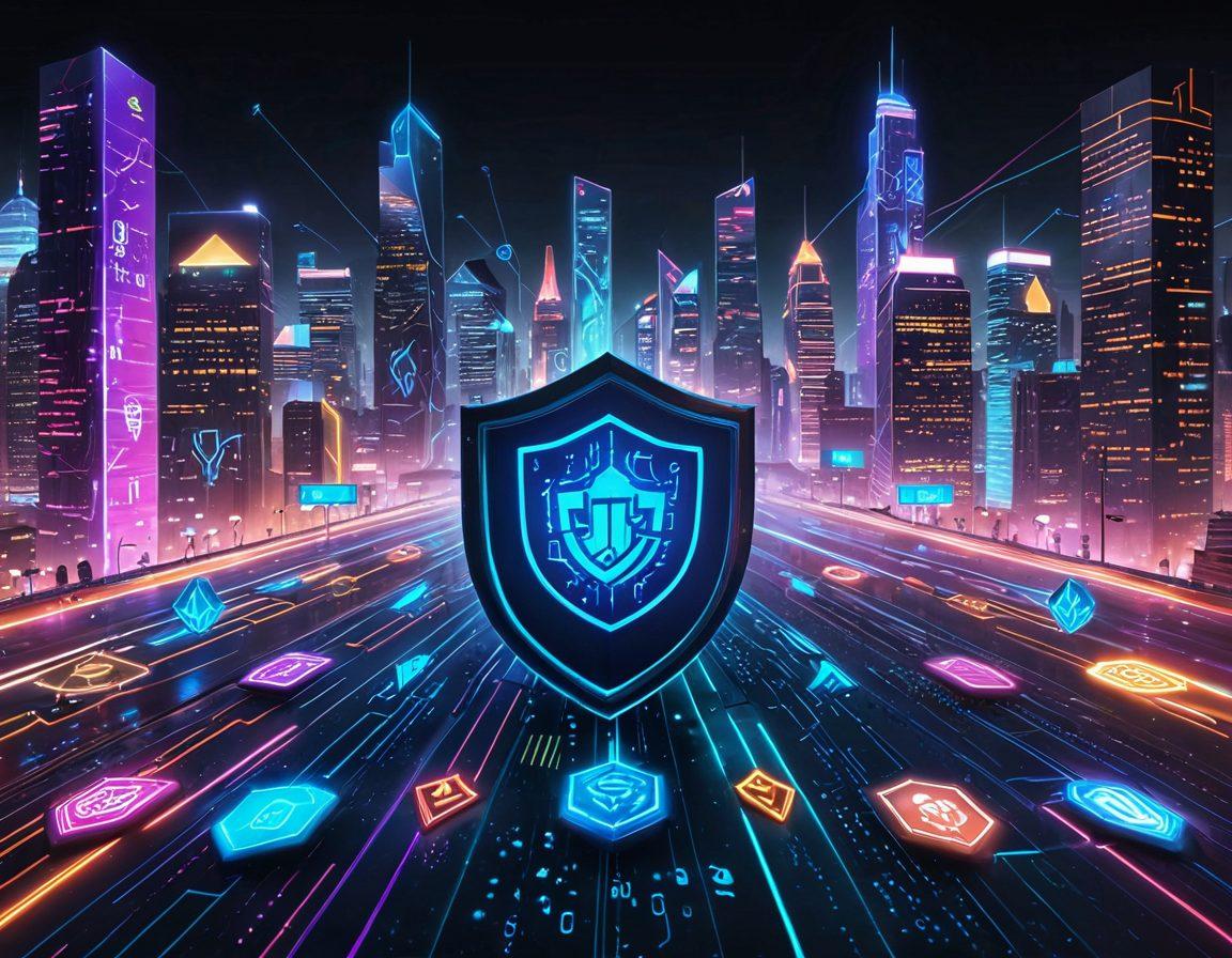 A modern digital landscape showcasing various insurance coverage options represented as colorful, interactive symbols like shields, health icons, and house emblems, all interconnected through glowing lines of code and flowing data streams. The background features a futuristic cityscape symbolizing innovation and technology, with soft light effects to enhance the ambiance. super-realistic. vibrant colors. cyberpunk.
